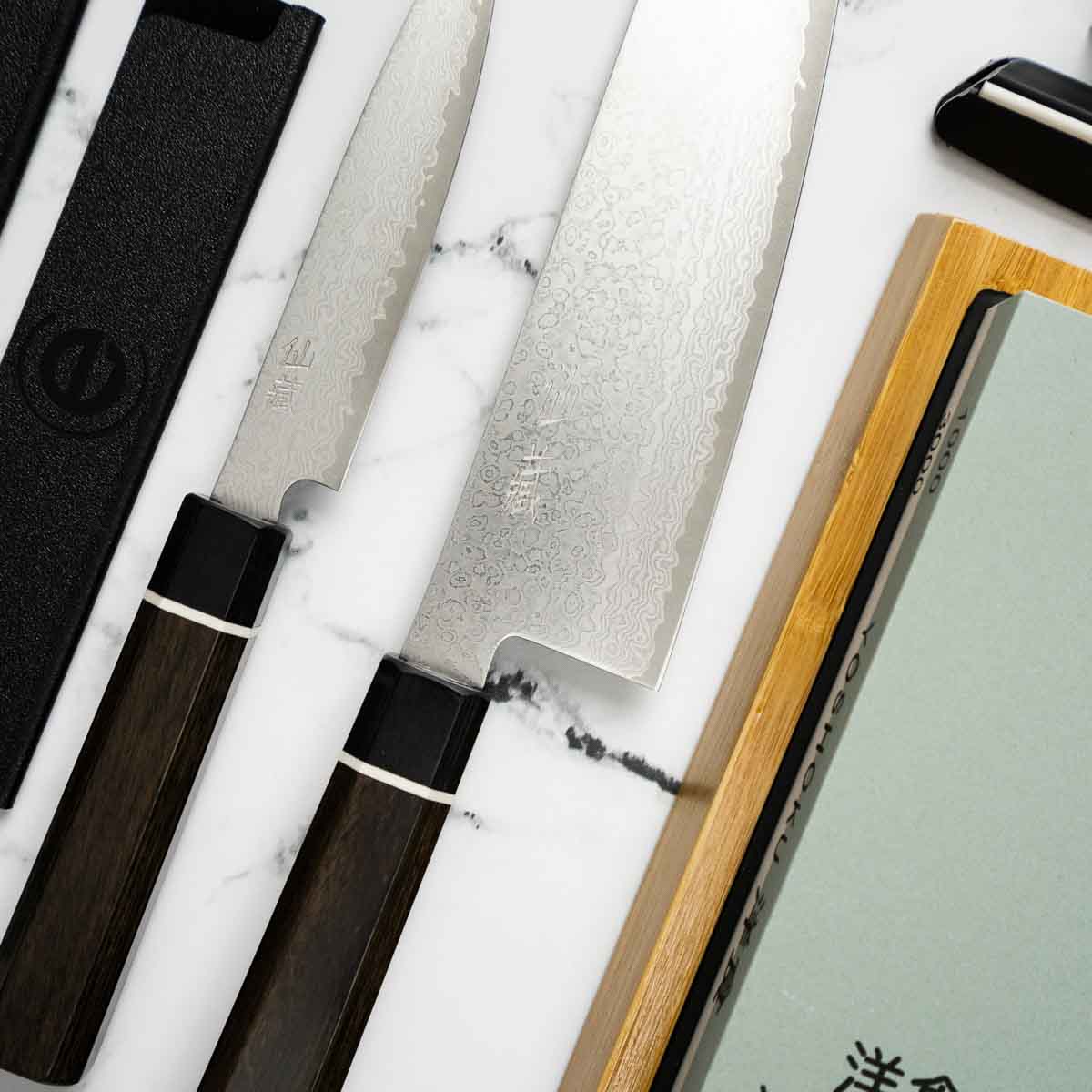 Senzo Black VG10 Damascus - 2 Knife Gyuto Set with Whetstone - angled view