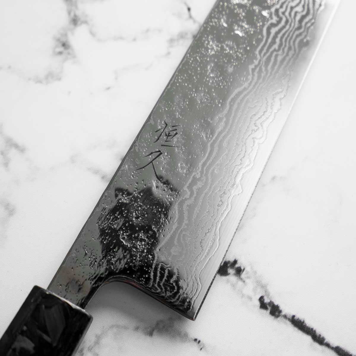 Tsunehisa 440C Damascus Tsuchime Kiritsuke 210mm - Carbon Fibre