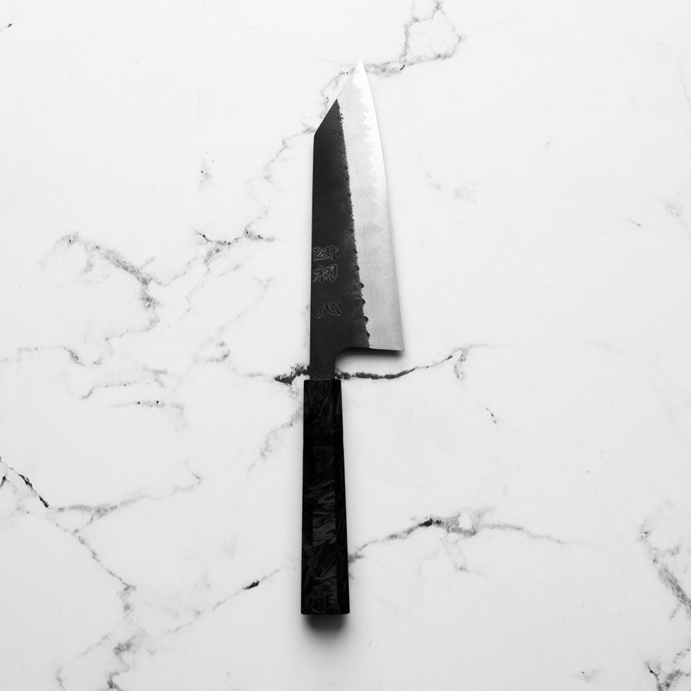Hatsukokoro Shinkiro Blue Super Damascus Kurouchi Bunka 165mm - Dark Carbon Fibre
