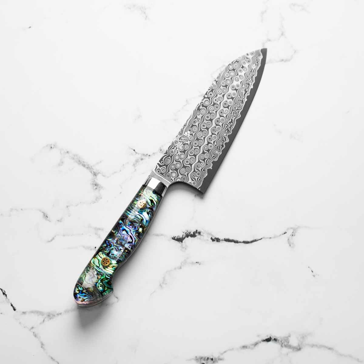 Nigara Hamono "Anmon" SG2 Damascus Santoku 180mm - Western Abalone Handle