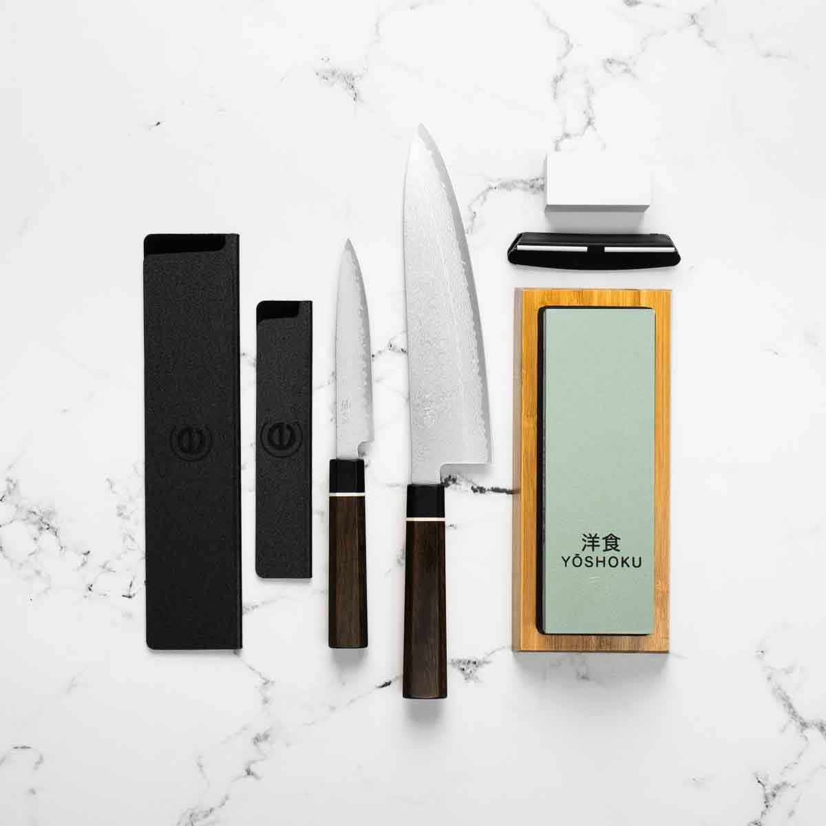 Senzo Black VG10 Damascus - 2 Knife Gyuto Set with Whetstone