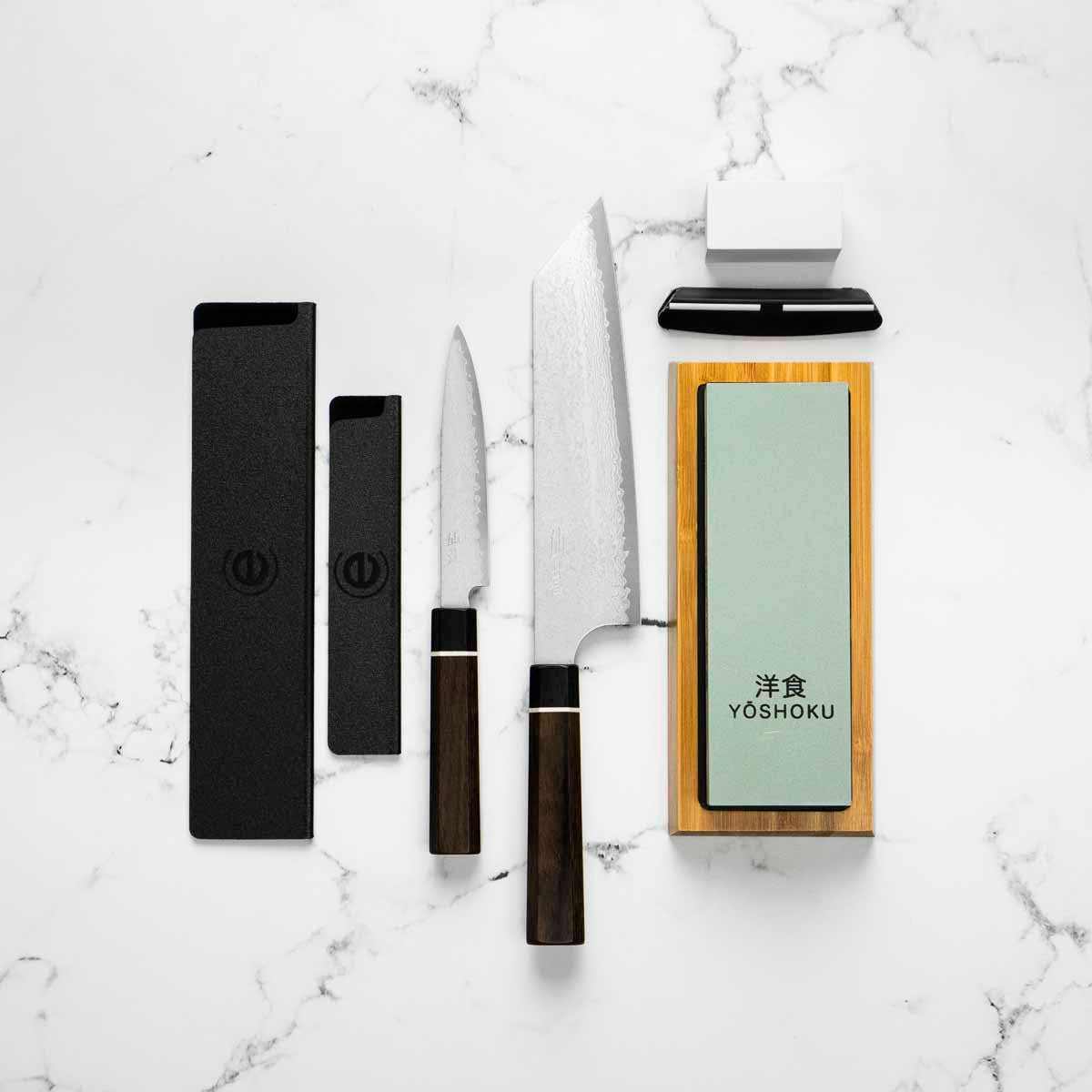 Senzo Black VG10 Damascus - 2 Knife Kiritsuke Set with Whetstone