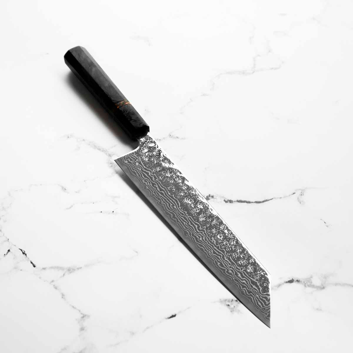 Tsunehisa 440C Damascus Tsuchime Kiritsuke 210mm - Carbon Fibre