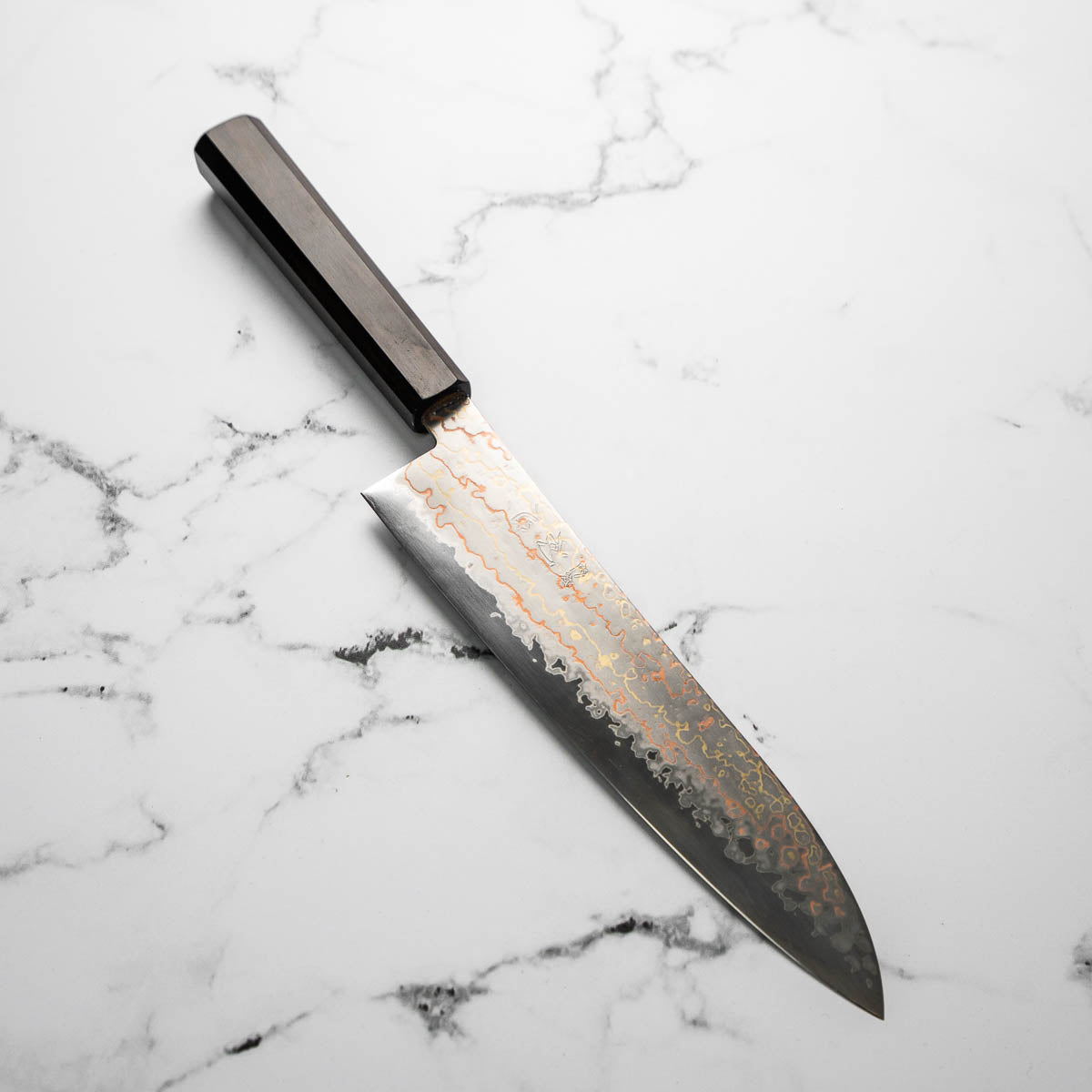 Hatsukokoro Hayabusa Blue 2 Rainbow Damascus Gyuto 210mm - Ebony