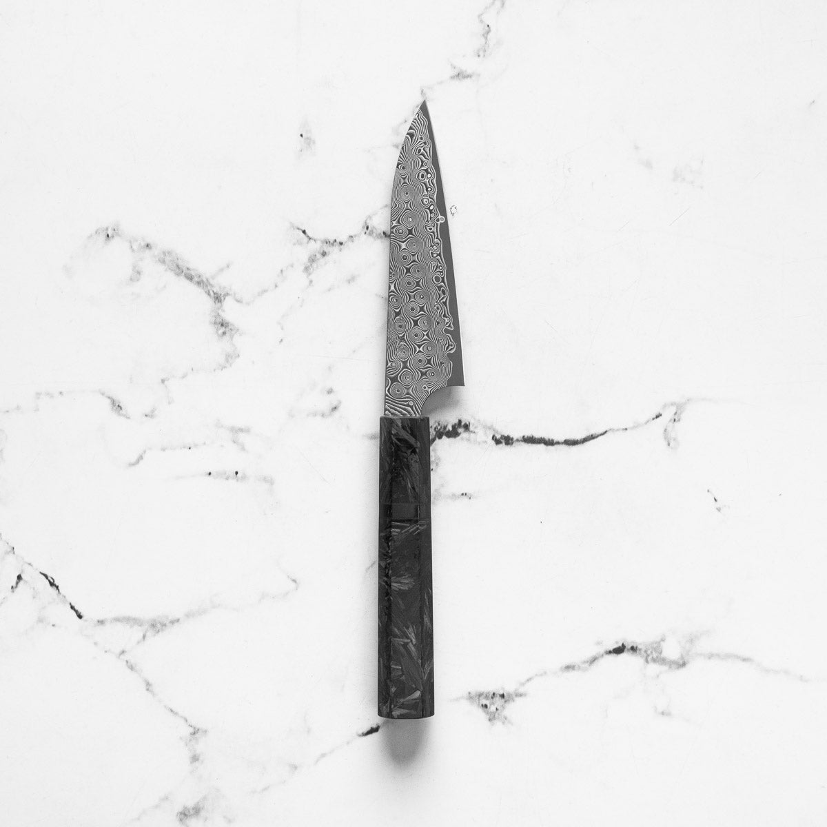 Nigara Hamono "Anmon" SG2 Raindrop Damascus Petty 120mm - Dark Carbon Fibre