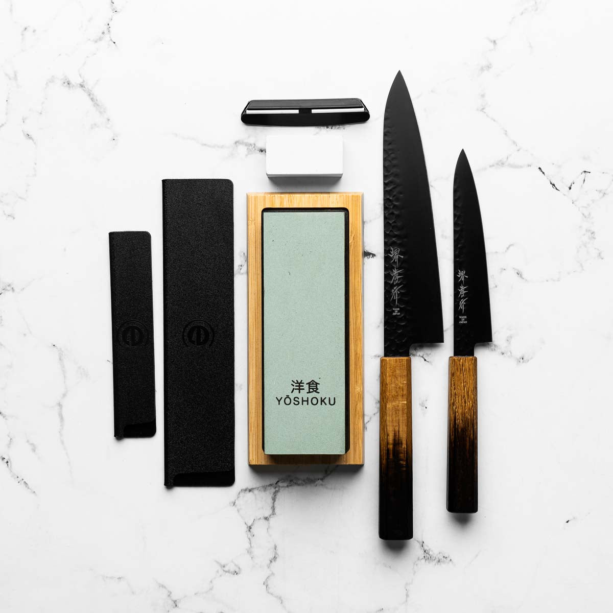 Sakai Takayuki Kurokage Burnt Oak 2 Knife Set - 1000/3000 Whetstone