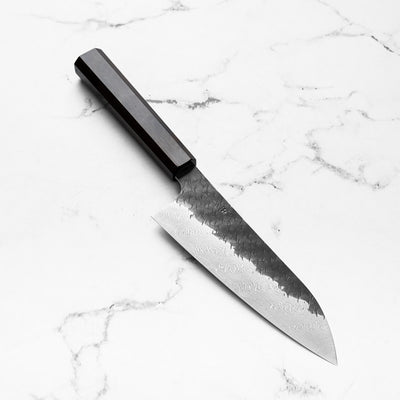 Nigara Hamono SGSTRIX Kurouchi Tsuchime Damascus Santoku 180mm - Mono Ebony