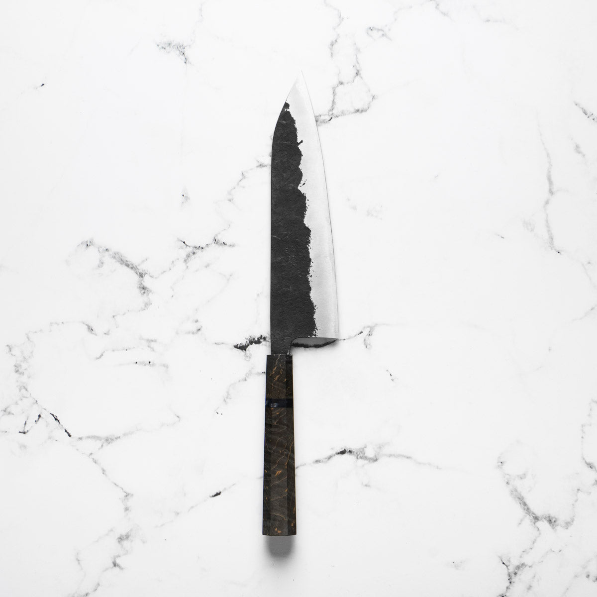 Kawamura White 1 SS Clad Kurouchi Tsuchime Gyuto 210mm - Dark Maple