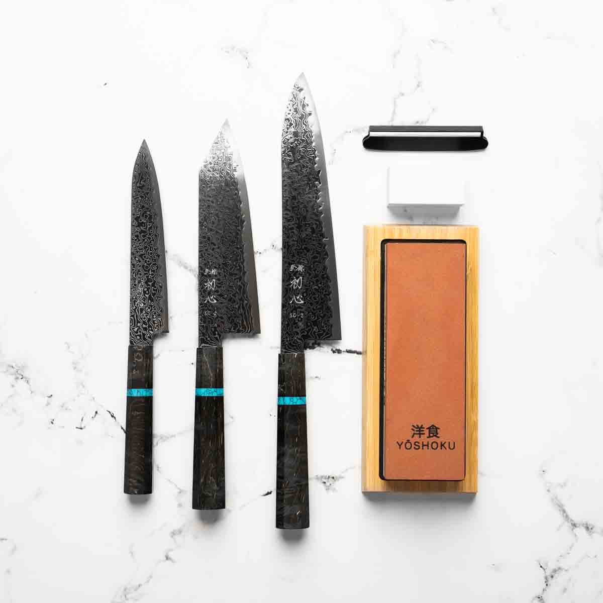 Hatsukokoro Ryuhyo Kurozome SG2 Damascus - 3 Knife Set