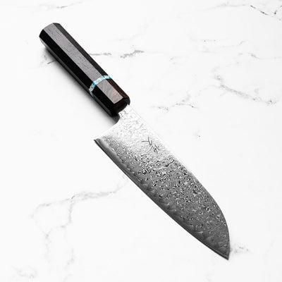 Tsunehisa SRS13 Damascus Santoku - Ebony Blue Ring