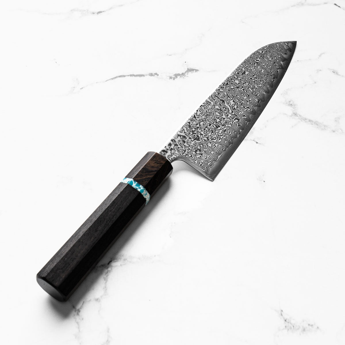 Tsunehisa SRS13 Damascus Santoku - Ebony Blue Ring