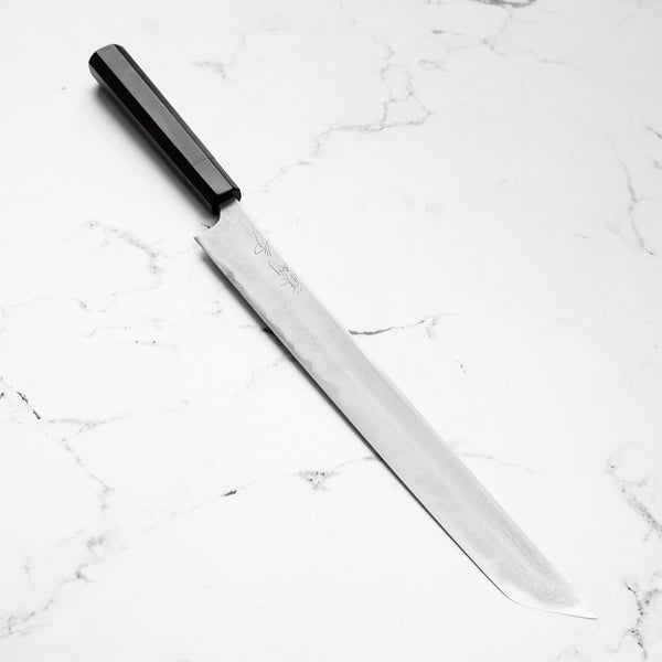 Mazaki Hon-Sanmai Blue Super Damascus Sakimaru Sujihiki 330mm