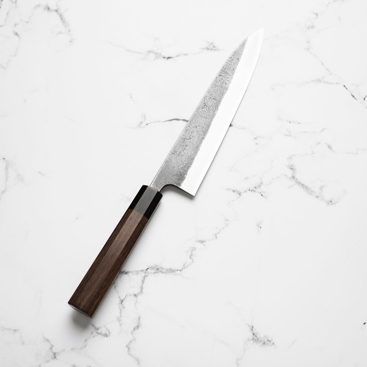 Wakui White 2 Stainless Clad Nashiji Gyuto 240mm - angled view