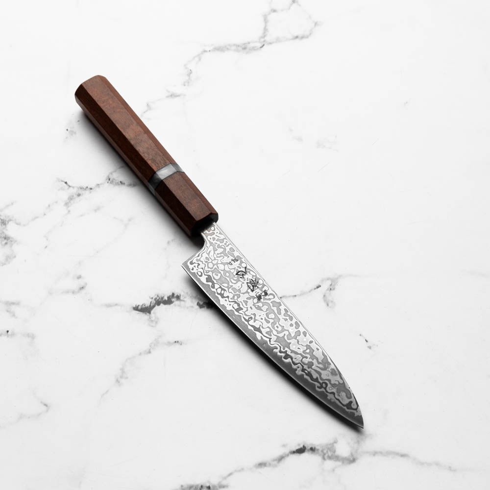 Hatsukokoro Hikari SLD Damascus Kurozome Petty 130mm - Sandalwood
