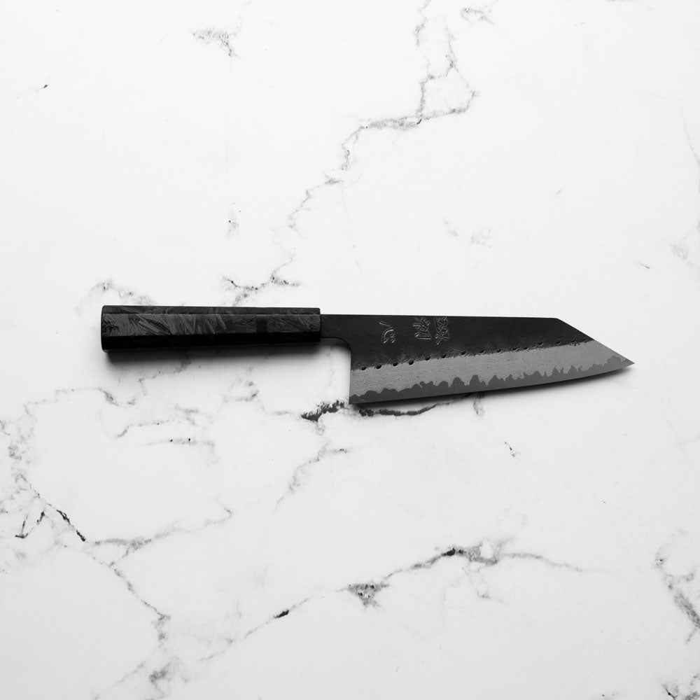 Hatsukokoro Shinkiro Blue Super Damascus Kurouchi Bunka 165mm - Dark Carbon Fibre