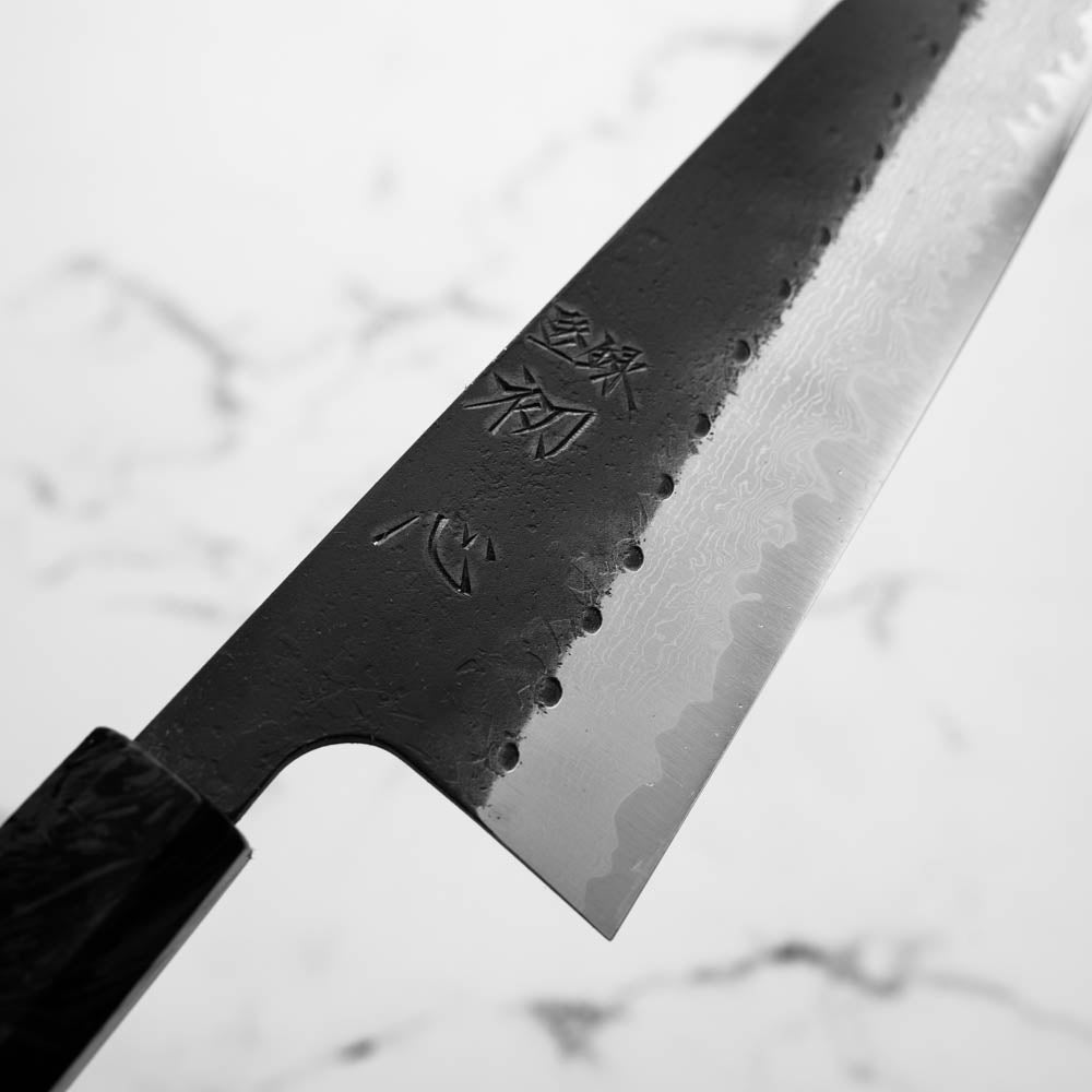Hatsukokoro Shinkiro Blue Super Damascus Kurouchi Bunka 165mm - Dark Carbon Fibre