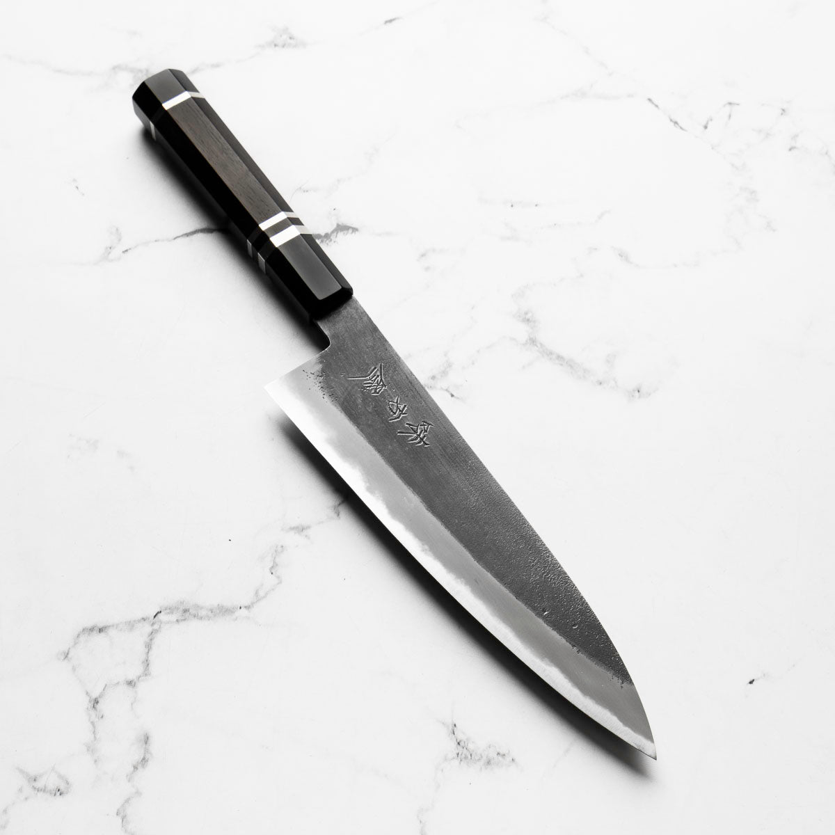 Mutsumi Hinoura Ajikataya White 2 Gyuto 210mm - Ebony & Double Black Horn Triple Ring