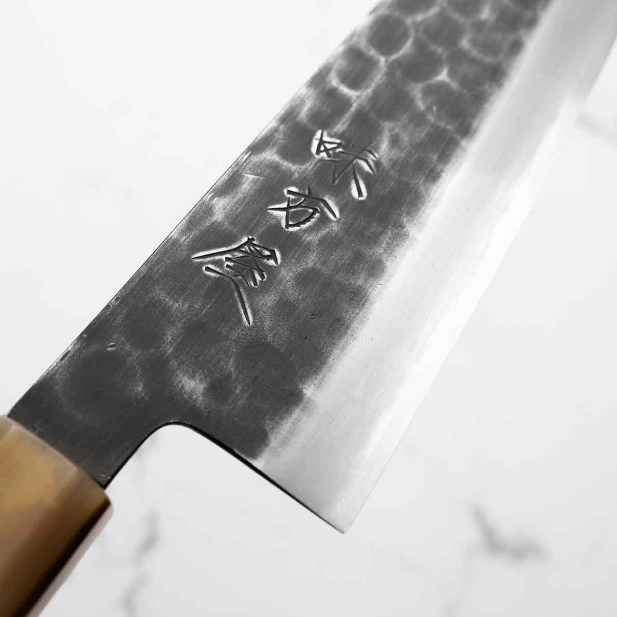 Mutsumi Hinoura Ajikataya White 2 Tsuchime Gyuto 210mm - Ebony & White Horn