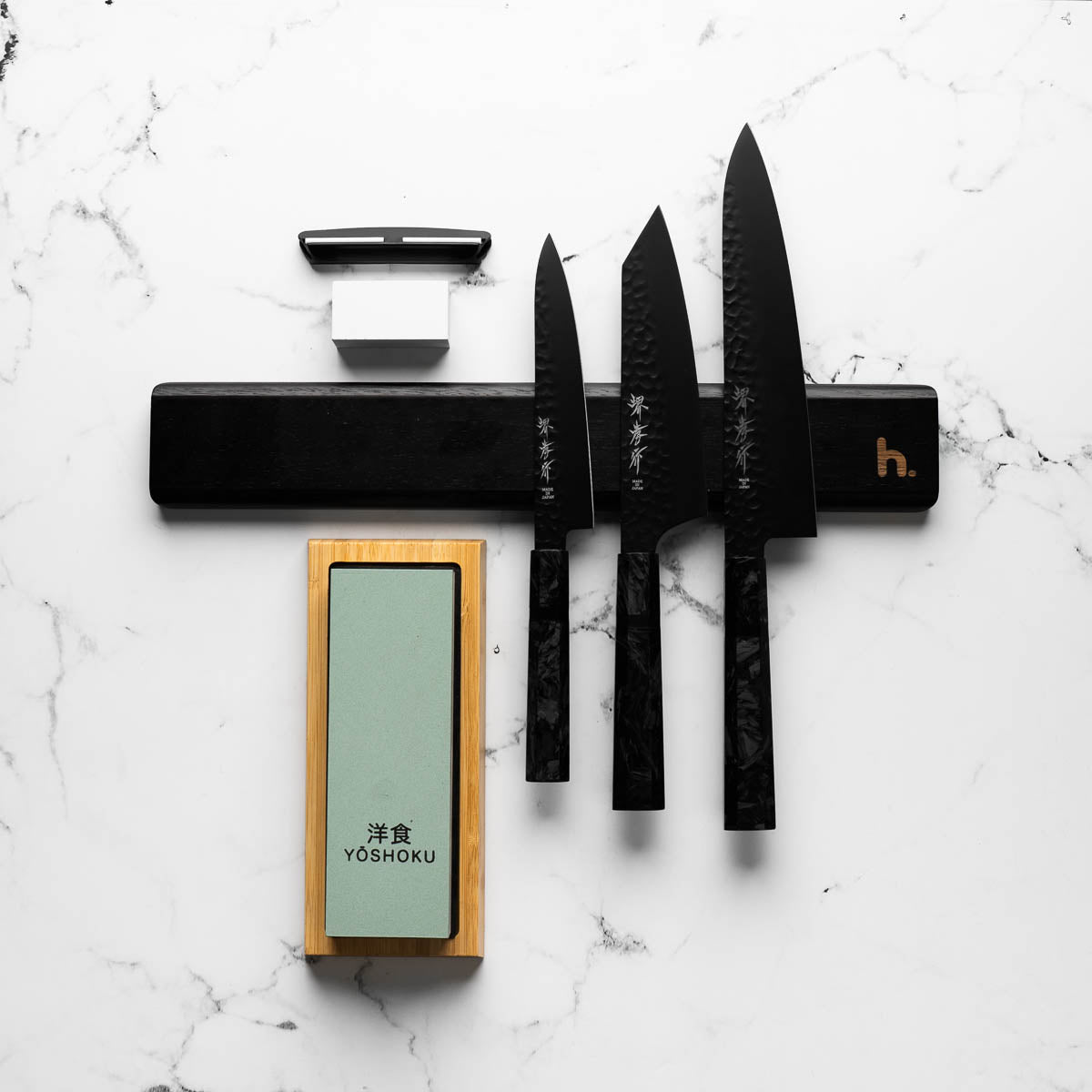 Sakai Takayuki Kurokage Dark Carbon Fibre 3 Knife Set With Magnetic Strip