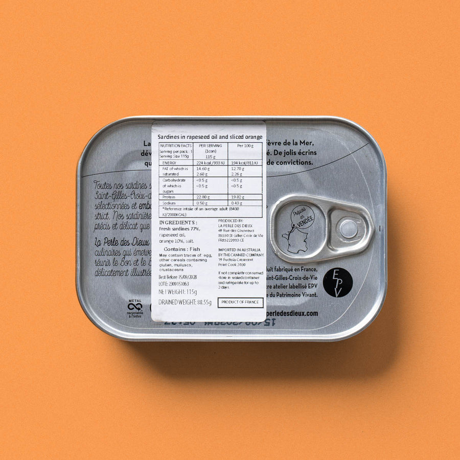 La Perle - des Dieux Sardines in Grapeseed Oil and Sliced Orange
