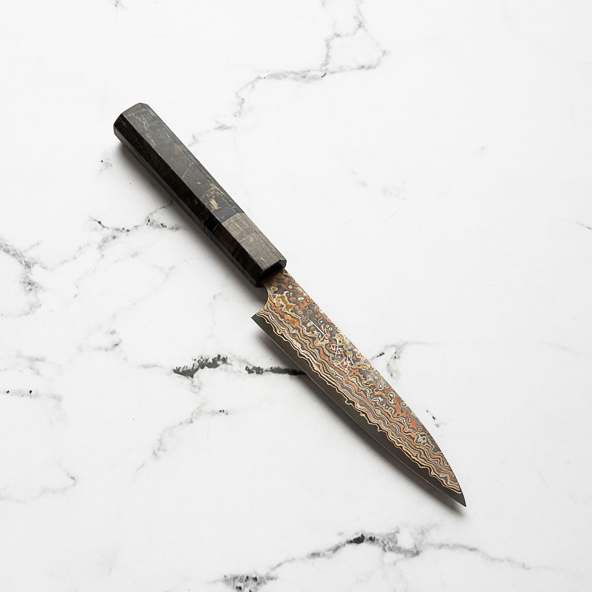 Takeshi Saji VG10-W Nashiji Rainbow Damascus Petty 135mm - Dark Maple